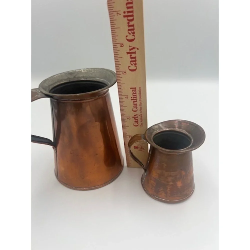 Vintage Copper Pitcher Set of 2 Rustic Farmhouse Decorative Jugs Patina 5